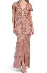 AIDAN Mattox V Neck Short Sleeve Beaded Gown